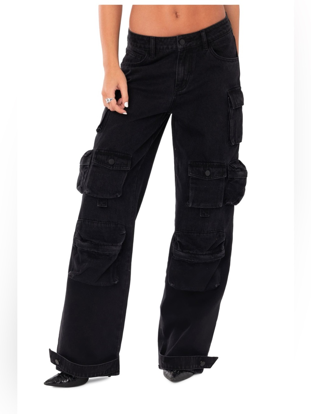Edikted Wide Leg Cargo Pants Black Utility Multi Pocket High Rise Size S